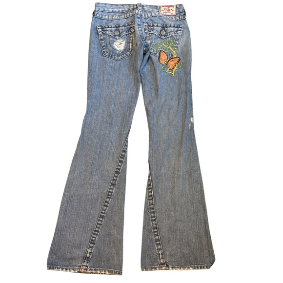 True Religion Denim Jeans Flower Embroidered Back Pocket Flare Boot Cut Size 27 - Picture 3 of 7